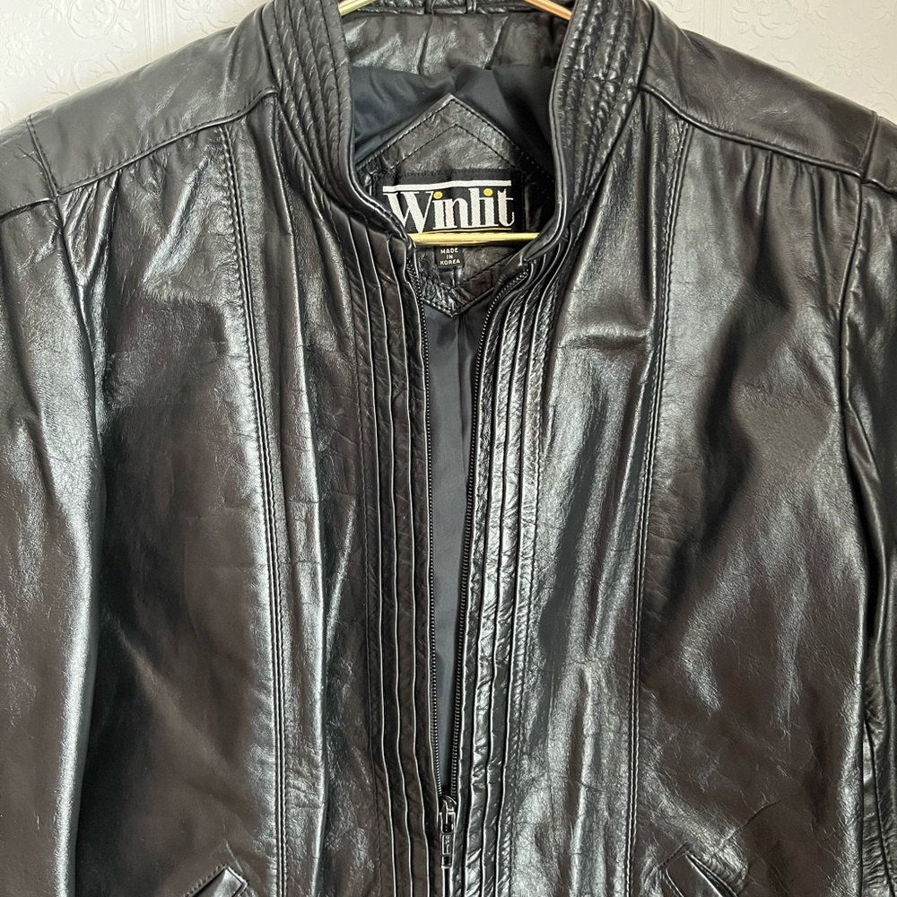 Black leather bomber jacket